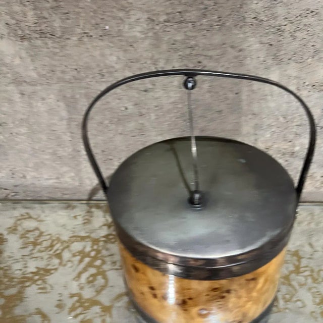 Mid-Century Modern Italian Burl Wood Silver Chrome Ice Bucket Italy For Sale - Image 10 of 13