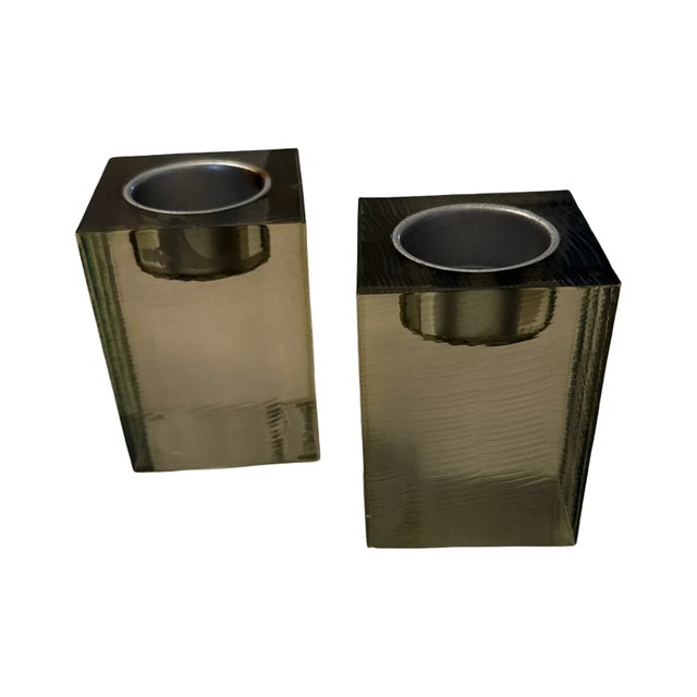 Vintage Modern Smoky Resin Cube Candle Holders Pair Minimalist Architectural Design For Sale - Image 4 of 7