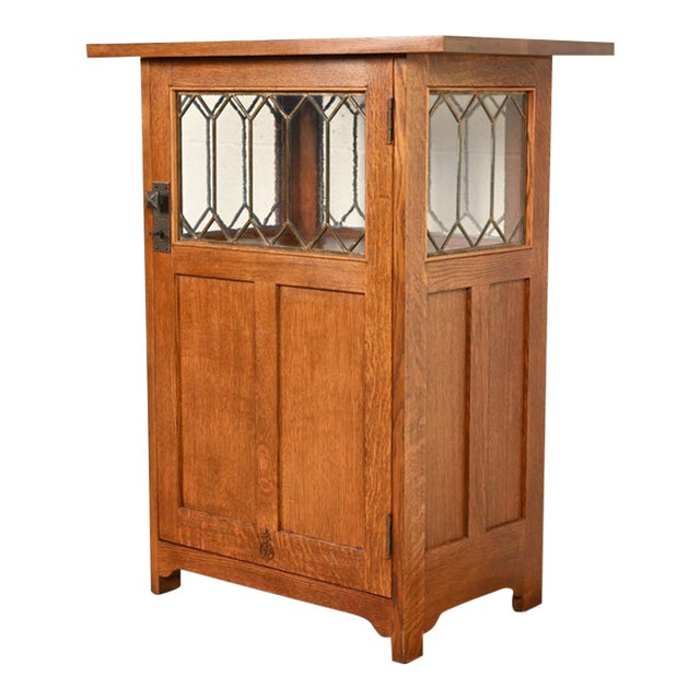 Stickley Roycroft Mission Oak Arts & Crafts Chafing Dish Stand or Side Cabinet With Leaded Glass For Sale