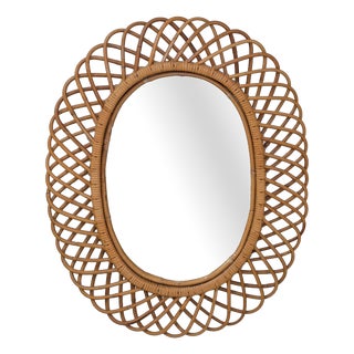 Large Mid-Century Italian Rattan and Bamboo Wall Mirror attributed to Franco Albini, 1960s For Sale