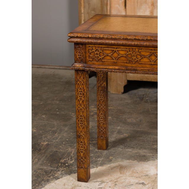 Mid 20th Century English Midcentury Game Table with Leather Top and Abundant Carved Décor For Sale - Image 9 of 12