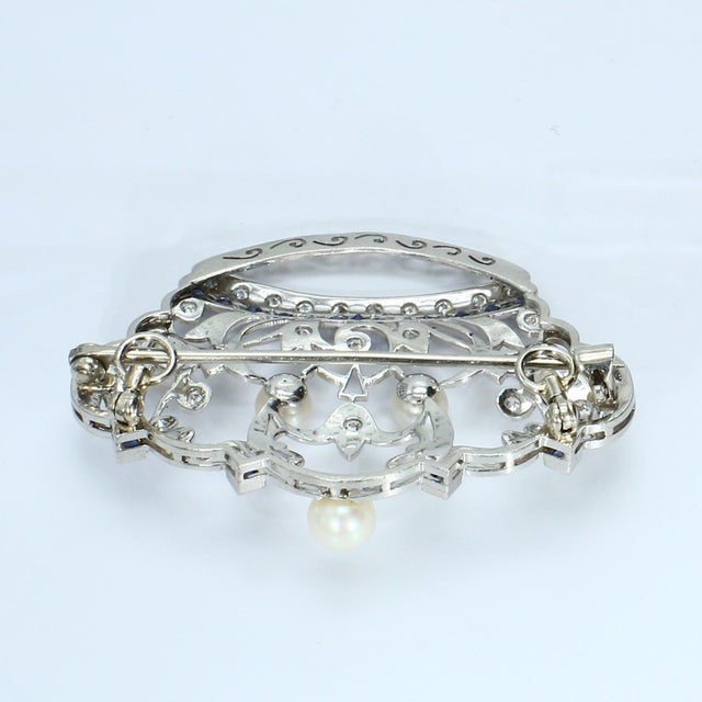 Mid 20th Century Crown Brooch With Pearls Sapphires and Diamonds in Platinum Setting For Sale - Image 4 of 4