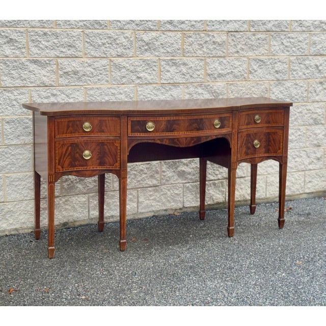 Traditional Large Vintage Federal Style Mahogany Sideboard Buffet With Tapered Legs and Original Brass Hardware For Sale - Image 3 of 12