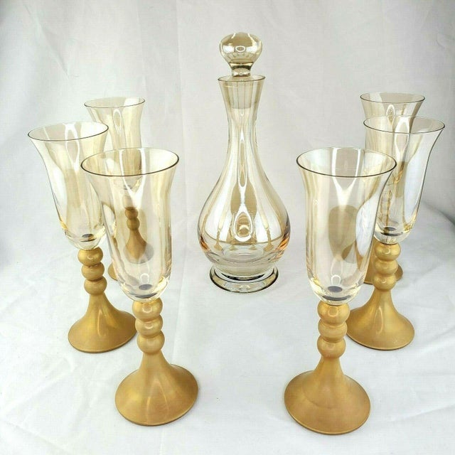 Late 20th Century Bombay Glass Decanter Set 6 Glasses Gold Frosted Stems Made in Poland For Sale - Image 13 of 13