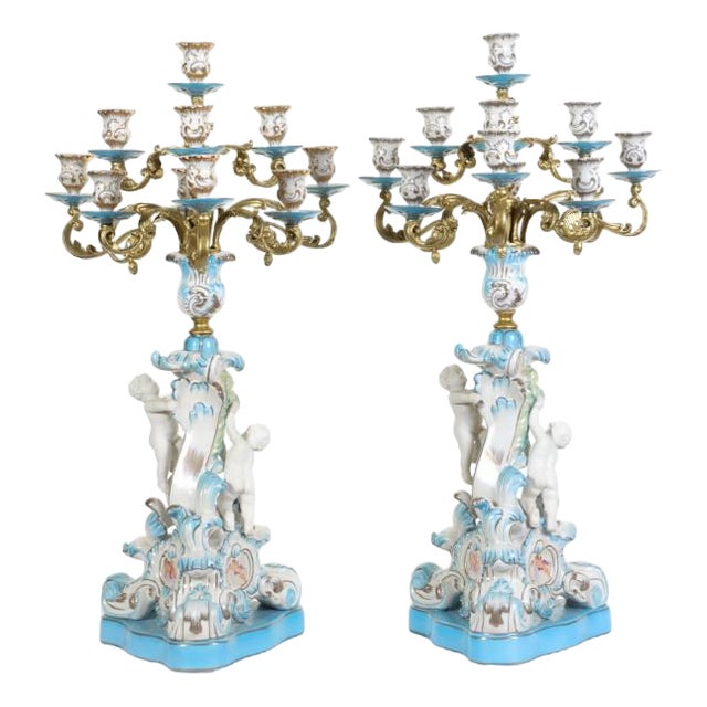 Bisque Porcelain Cherubs Candelabras in the Style of Sevres, Set of 2 For Sale