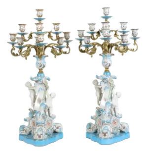 Bisque Porcelain Cherubs Candelabras in the Style of Sevres, Set of 2