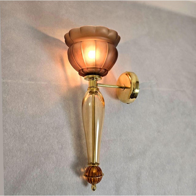 1990s Mid-Century Modern Brown and Amber Murano Glass Sconces - a Pair For Sale - Image 4 of 11