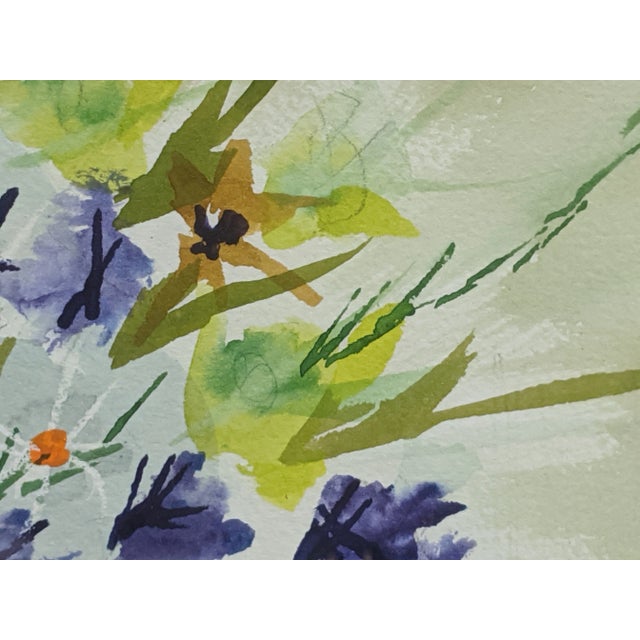 Wood Vintage Original Still Life Flowers in a Blue Vase Botanical Watercolor Painting Signed For Sale - Image 7 of 12