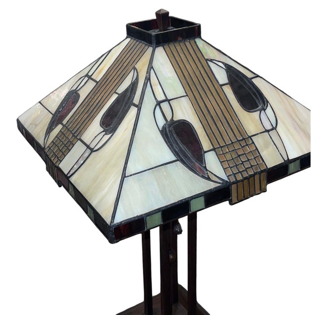 Cream Pair Arts & Crafts Style Metal & Glass Table Lamps. u.s.a. Late 20th Century. For Sale - Image 8 of 11