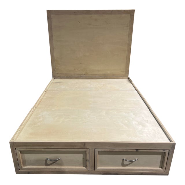 Natural Wood Queen Size Bed Frame With Six Drawers For Sale