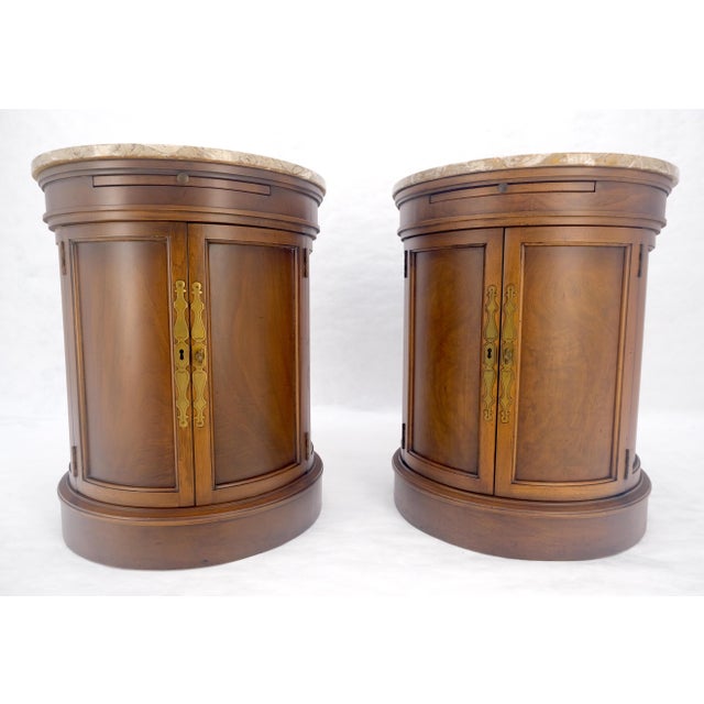 Brown Pair of Round Cylinder Shape Two Doors End Lamp Tables Stands Pull Out Trays For Sale - Image 8 of 18