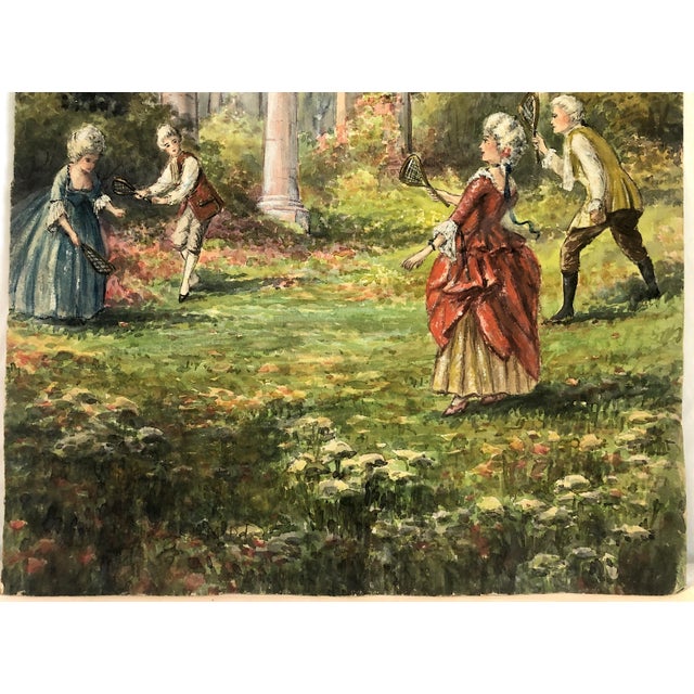 Belle Epoque Watercolor of 18th-Century Courtiers Playing Shuttlecock Game For Sale - Image 4 of 7