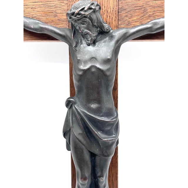 Vintage Crucifix in Bronze on Oak, 1920s For Sale - Image 9 of 15