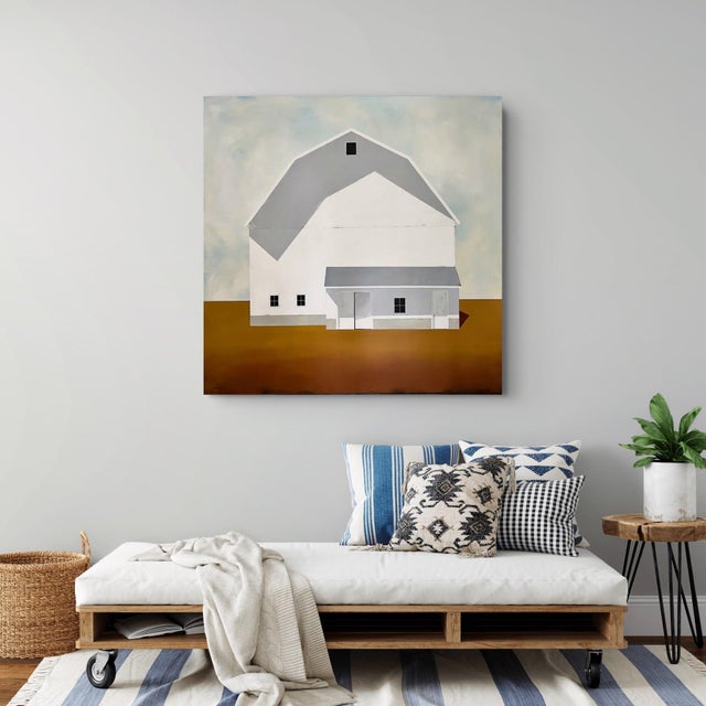 White Frontier by Justin Wheatley | Acrylic on Canvas White Barn on Ochre Ground For Sale - Image 8 of 9