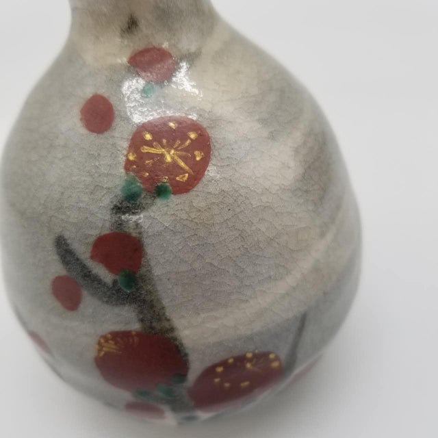 Japanese Vintage Japanese Tokkuri Sake Bottle With Hand-Painted Plum Blossoms | Wabi-Sabi Ceramic Vase | Original Tomobako Box For Sale - Image 3 of 10
