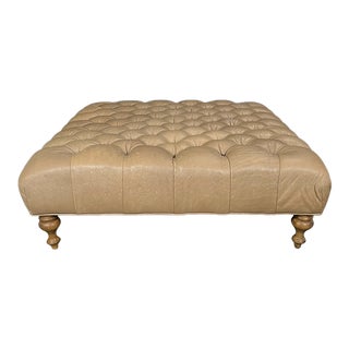 Classic Chesterfield Style Large Tufted Buttery Leather Beige Ottoman For Sale