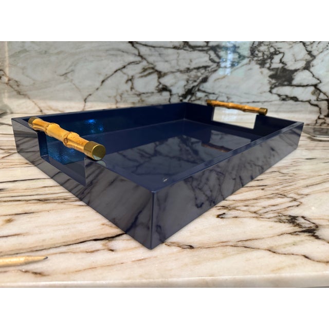Ralph Lauren Navy Blue Lacquered & Bamboo Tray For Sale - Image 4 of 5