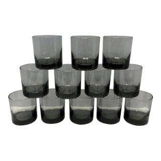 Mid 20th Century Mid-Century Scandinavian Smoked Glass Rocks Tumblers With Textured Bases - Set of 12 For Sale