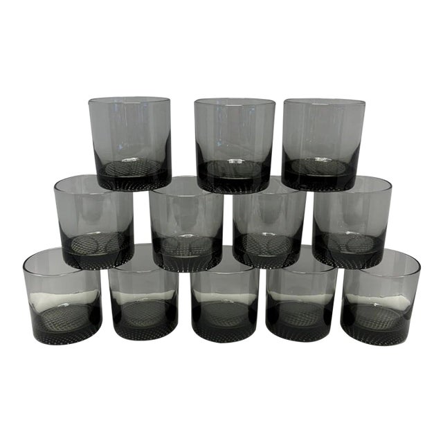 Mid 20th Century Mid-Century Scandinavian Smoked Glass Rocks Tumblers With Textured Bases - Set of 12 For Sale