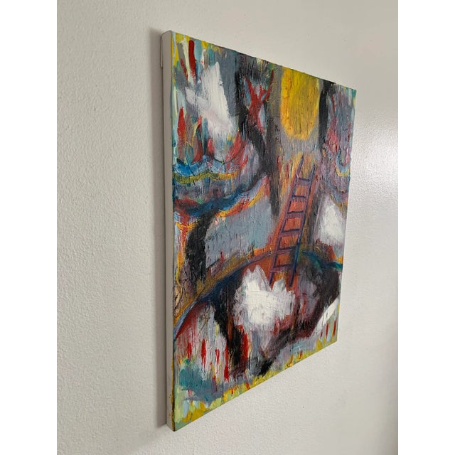 Abstract acrylic and oil on canvas in brilliant colors. The surface features heavy texture with many layers.