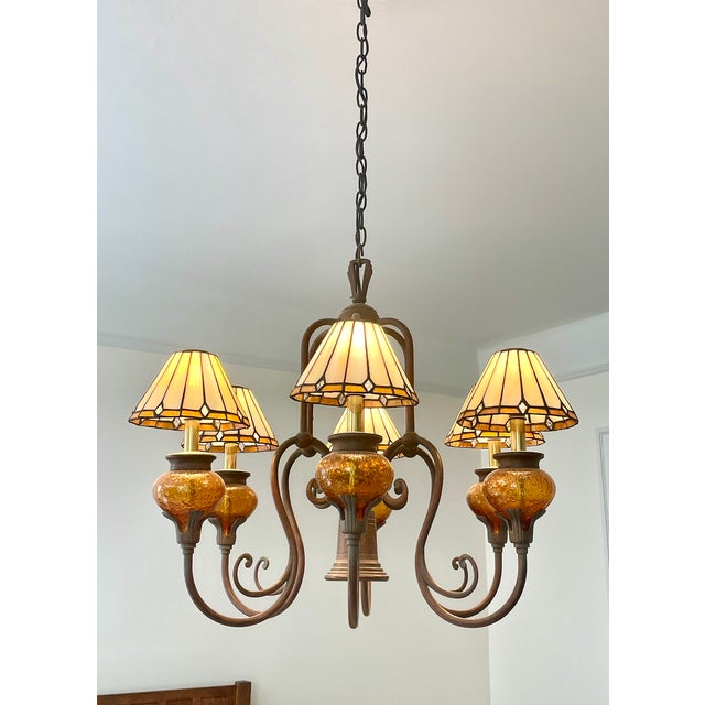 Mission Vintage Mission Style 6-Light Large Chandelier Amber Glass Wrought-Iron For Sale - Image 3 of 5