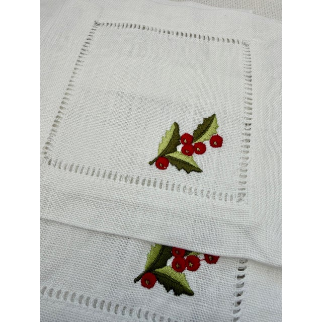 Linen Hemstiched Embroidered Cocktail Napkins, S/6 For Sale - Image 4 of 4
