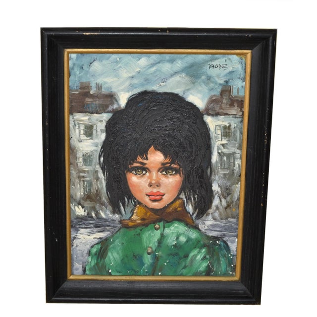 Figurative 1960 Andre Daude Big Eyed French Girl Painting Oil Canvas Black Frame Green Coat For Sale - Image 3 of 13