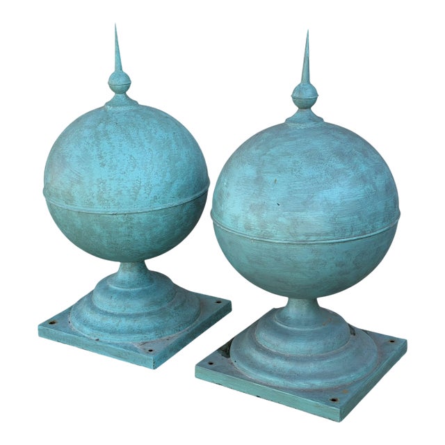 Pair of Antique Painted Copper Architectural Sphere Post Finials For Sale