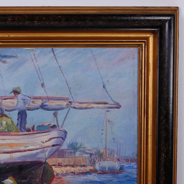Mid 20th Century Vintage Impressionist Oil Painting of a Harbor Scene For Sale - Image 5 of 10