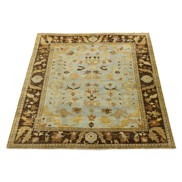 Modern Hand-Knotted Oushak Style Wool Area Rug in Soft Sky Blue and Ochre Gold For Sale - Image 10 of 12