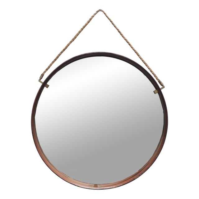 Round Wall Mirror in Cognac Leather and Rope from Pizzetti, Italy, 1950s For Sale