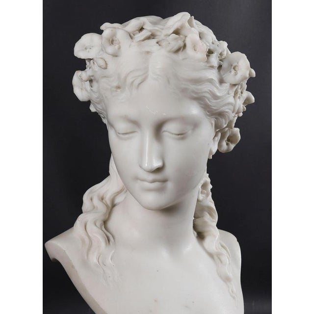 Blue Eugene-Antoine Aizelin, Antique Bust of a Grecian Lady, 19th Century, Carrara Marble For Sale - Image 8 of 18