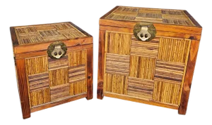 Set of Vintage Chinoiserie Split-Bamboo Woven Trunks/Chests With Brass Dragon/Phoenix Latches