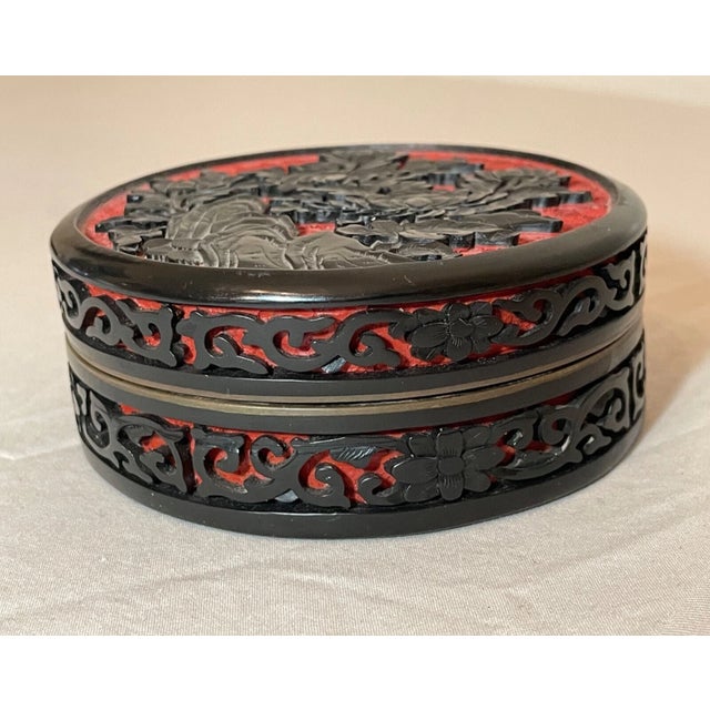 Paint Vintage Hand Carved Chinese Cut Black Red Lacquer Cinnabar Enamel Brass Box Jar For Sale - Image 7 of 8