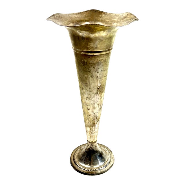 Antique Silver-Plated Tall Trumpet Vase With Fluted Rim For Sale