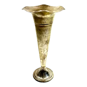 Antique Silver-Plated Tall Trumpet Vase With Fluted Rim
