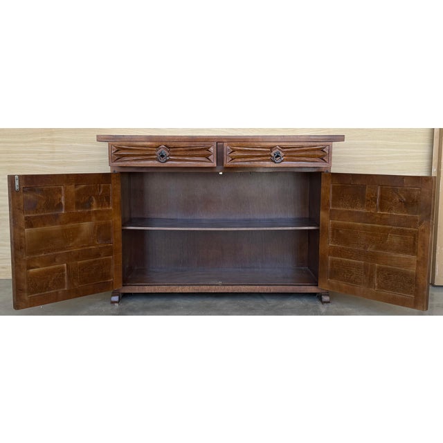 Wood 19th Spanish Baroque Carved Walnut Tuscan Three Drawers Credenza or Buffet For Sale - Image 7 of 18