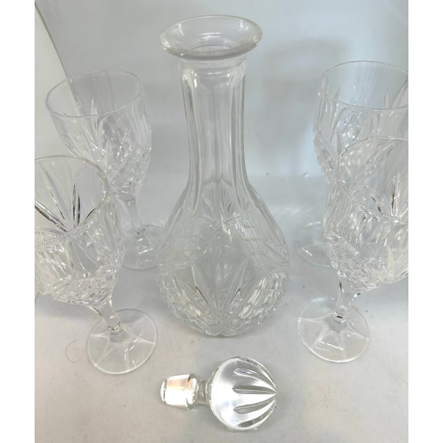 1980s Vintage Cut Crystal Decanter With 4 Glasses For Sale - Image 5 of 5