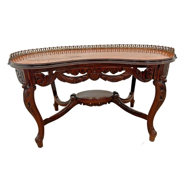 Gorgeous Antique French Coffee Table, Kidney Shape, Hand Carved scroll work, Bottom Shelf, petite size. 18" Tall x 31"...