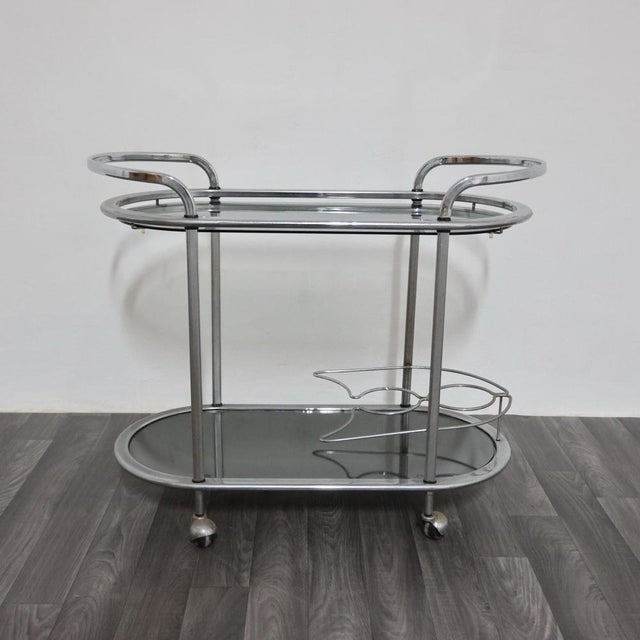 Gray Steel Serving Trolley with Double Shelf and Smoked Glass, 1970s For Sale - Image 8 of 16