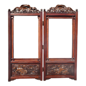 Antique Japanese Shibayama Style Two Panel Folding Screen Intricate Carved Doors