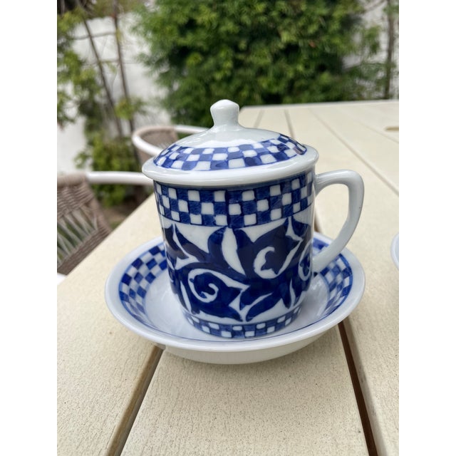 1990s Vintage William Sonoma Blue and White Chinoiserie Lidded Mug With Bowl Saucer For Sale - Image 5 of 5