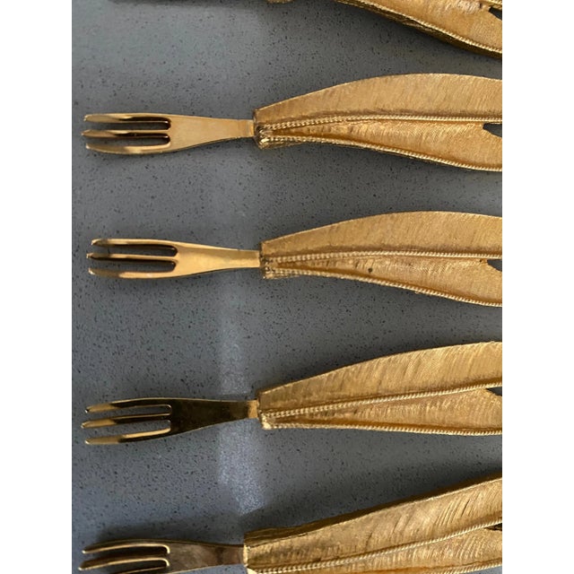 Gold Vintage 24Kt Gold-Plated Cocktail Forks With Leaf Handles- Set of 6 For Sale - Image 8 of 10