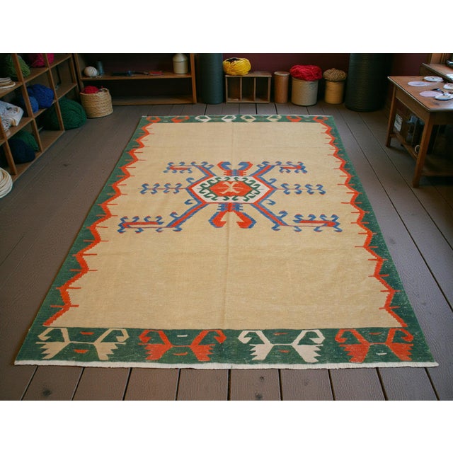 Mid-Century Modern Vintage 6x9 Turkish Rug Kilim Handmade Geometric Tribal Design for Modern Farmhouse Decor For Sale - Image 3 of 13