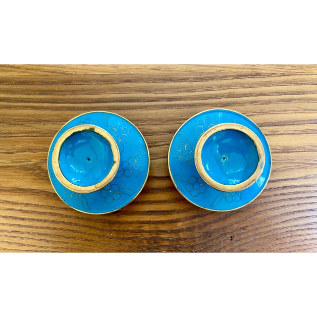 Mid 20th Century Vintage Blue Cloisonne Candlesticks - a Pair For Sale - Image 5 of 9