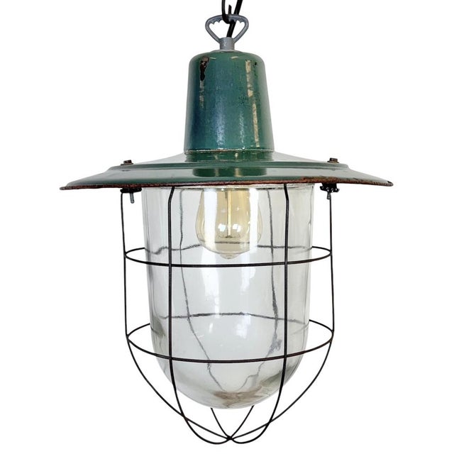 Industrial Green Enamel Cage Pendant Light, 1960s For Sale - Image 18 of 18