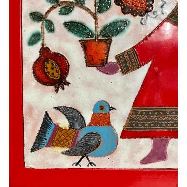 Ceramic Irene Awret, Girl & Plants Enamel Glazed Ceramic Plaque Israeli Artist Awret Naive Folk Art For Sale - Image 7 of 8
