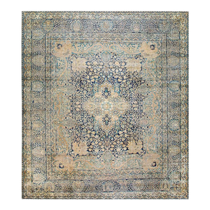 1900s Blue Navy Medallion Floral Antique Persian Kirman Rug 14' 5" X15' 5" Handknotted Wool Carpet