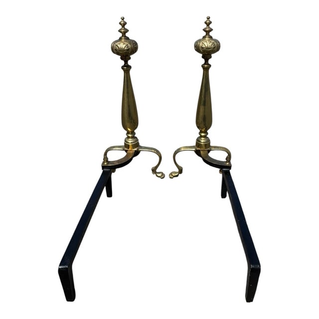 Antique 1920s Brass Fireplace Andirons Pair Refurbished Colonial Hearth Decor For Sale In Philadelphia - Image 6 of 18
