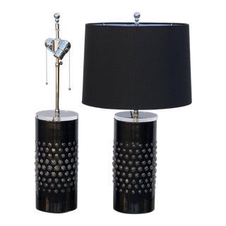 1980s Textured Glass Cylinder Lamps With Custom Shades - a Pair For Sale